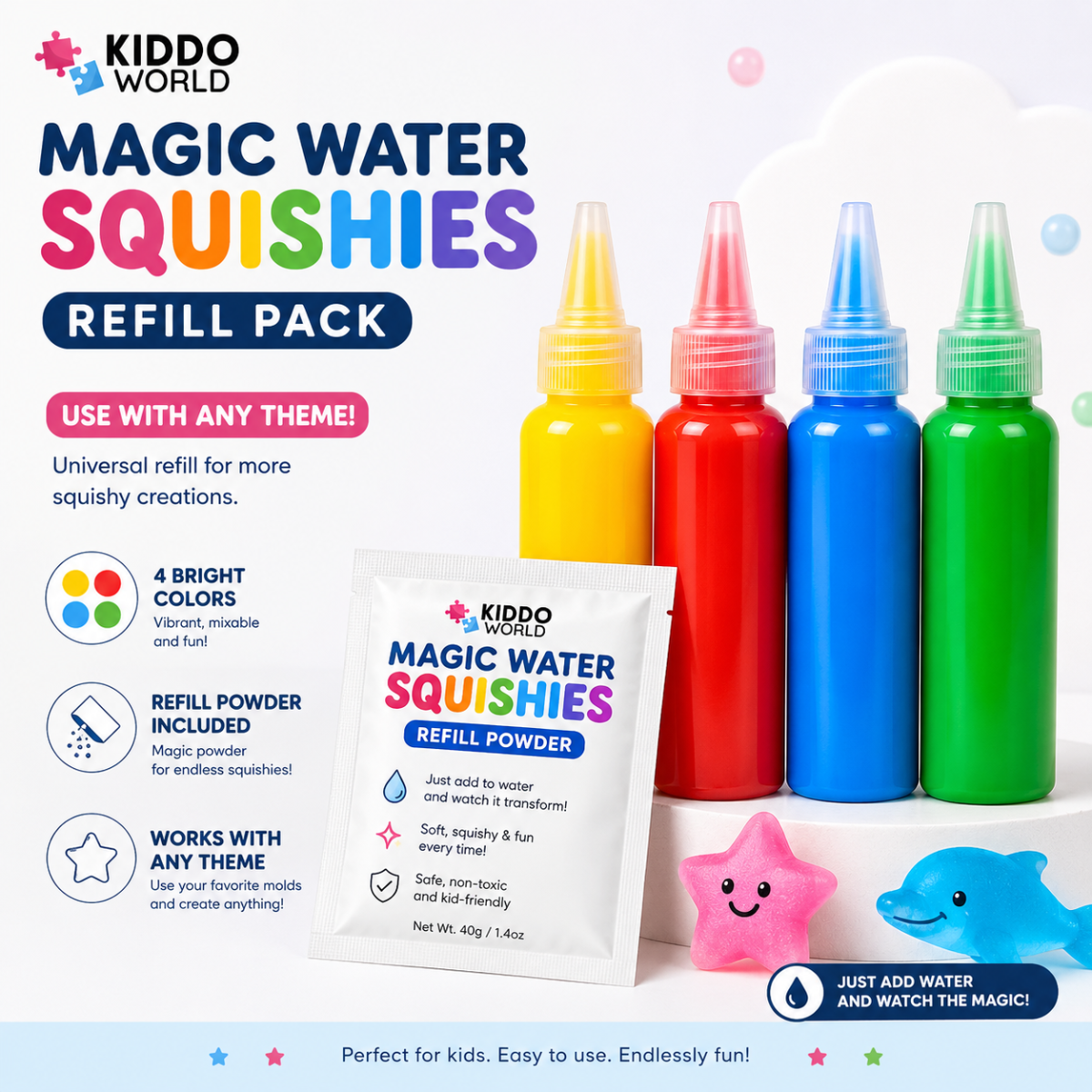 Magic Water Squishy Refill Pack – Náplň 4 farby + 1 kúzelný prášok (Kompatibilné so všetkými sadami, 3+ roky)