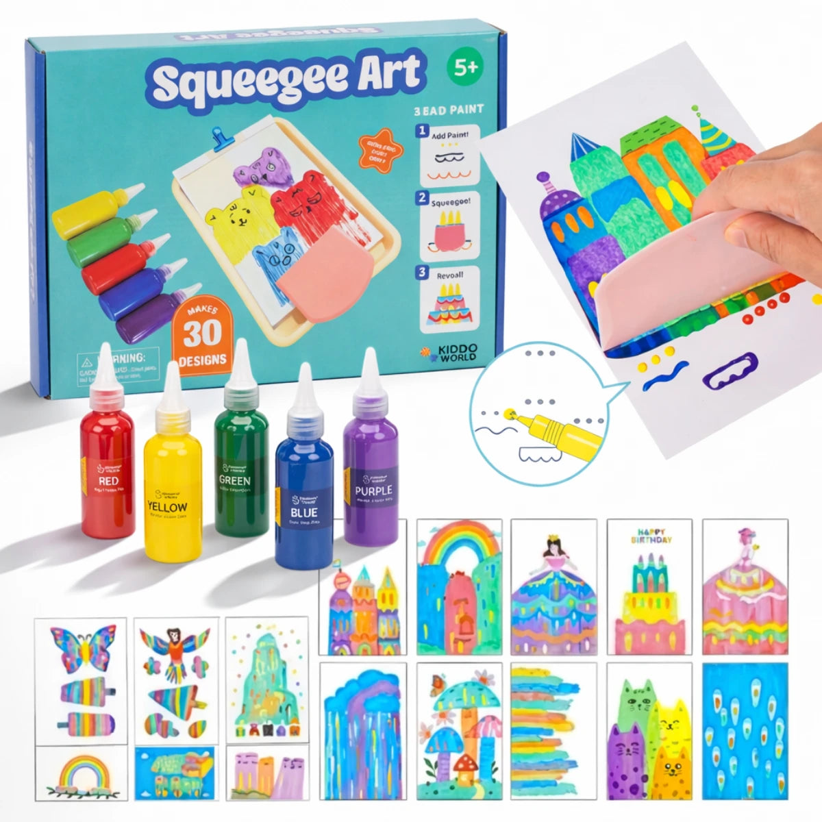 Squeegee Art Kit | Sada s 5 farbami a magickou stierkou na vytváranie obrázkov bez štetcov | pre deti 5+