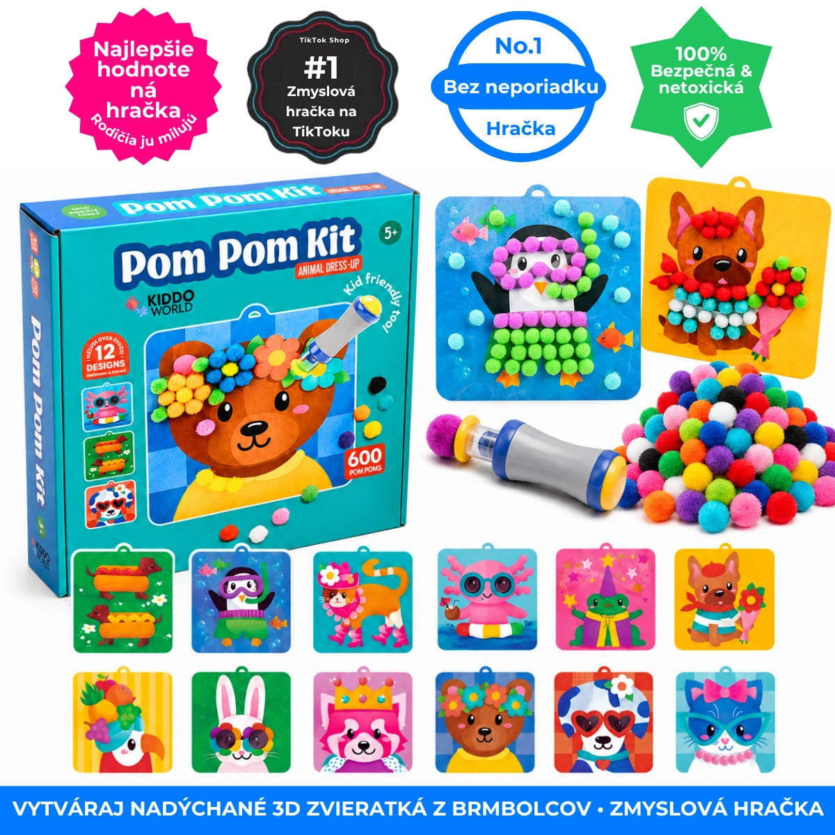 Pom Pom Kit – vytvor si hebké 3D zvieratká z mäkkých bambuliek bez neporiadku! (5+ rokov)