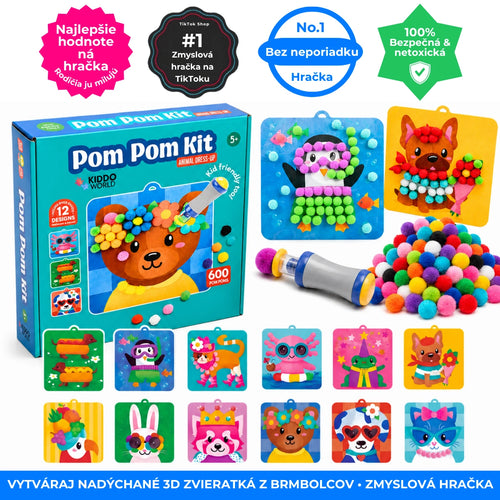 Pom Pom Kit – krabica, bambuľky, nástroj a kartičky so zvieratkami