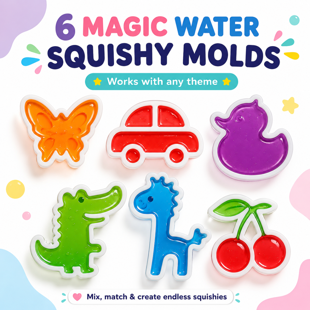 Magic Water Squishy Expansion Pack – 6 dodatočných formičiek (Nové zvieratká a tvary, 3+ roky)