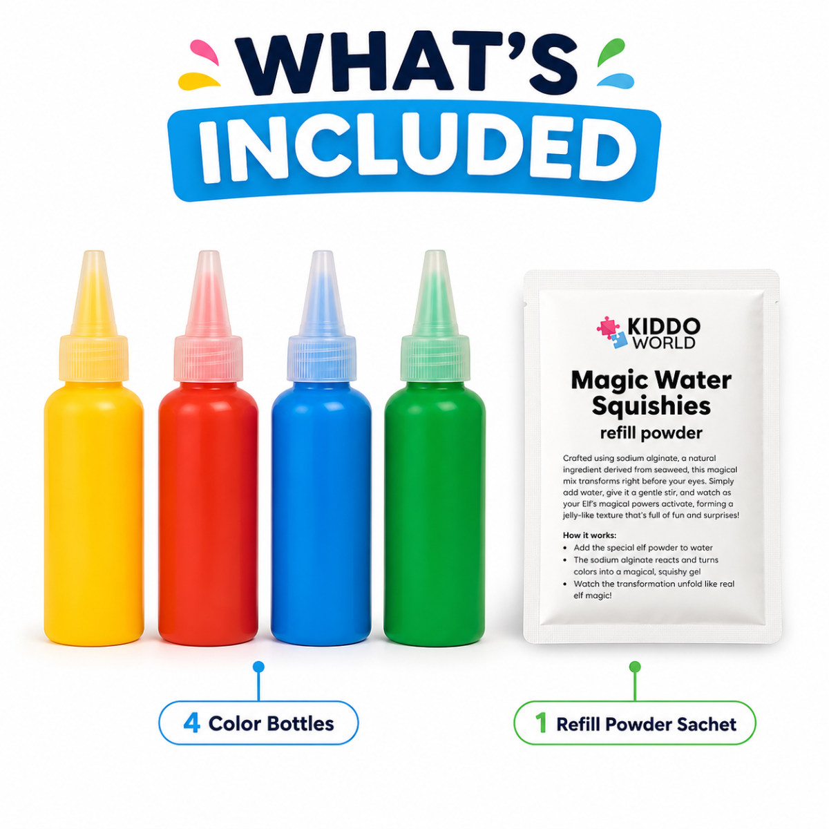 Magic Water Squishy Refill Pack – Náplň 4 farby + 1 kúzelný prášok (Kompatibilné so všetkými sadami, 3+ roky)