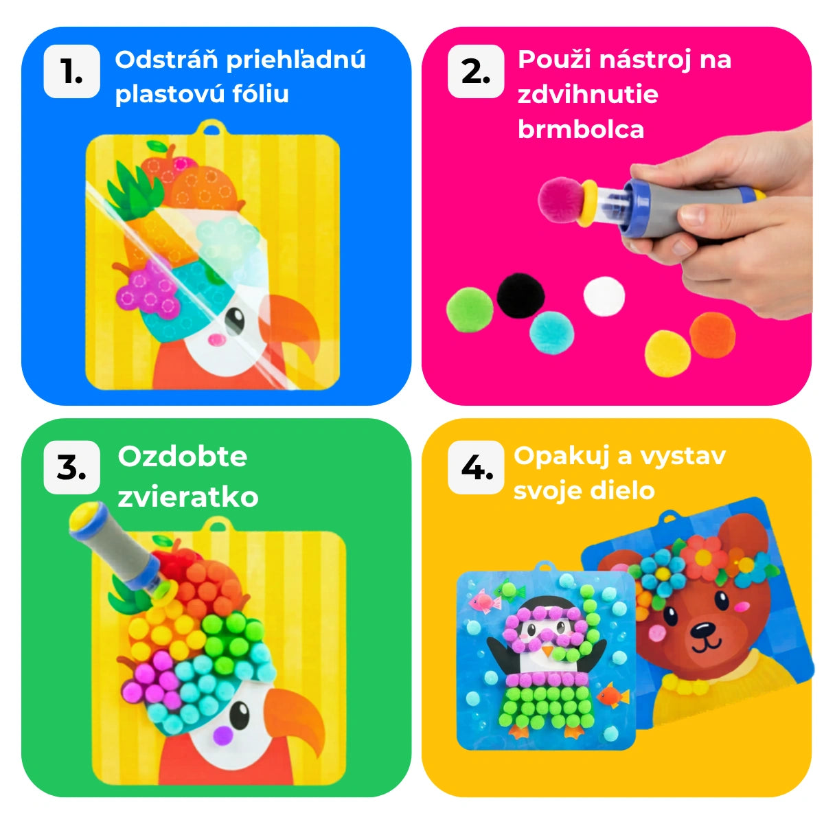 Pom Pom Kit – vytvor si hebké 3D zvieratká z mäkkých bambuliek bez neporiadku! (5+ rokov)