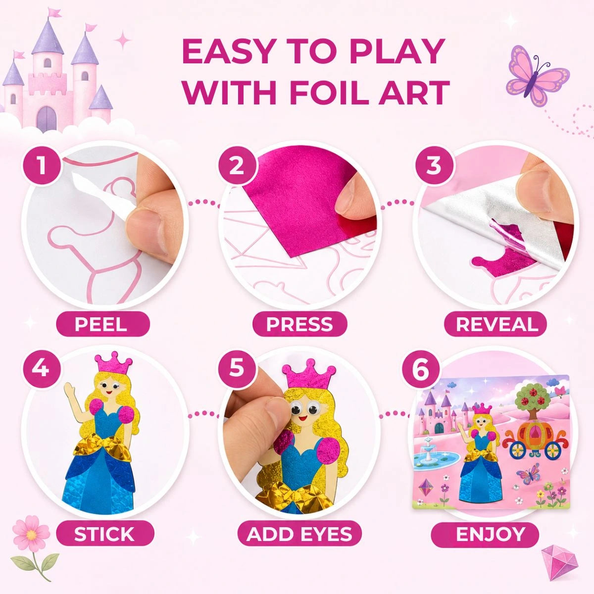 Foil Fun: Jednorožce a princezné – trblietavé rozprávkové obrázky bez neporiadku! (4+ roky)
