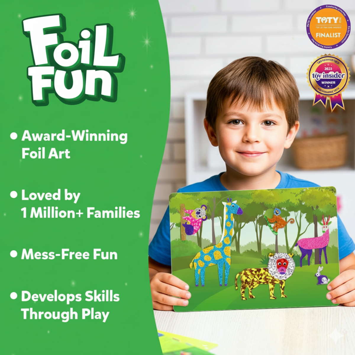 Foil Fun | Vytvorte si zvieratká so trblietavými lístkami bez neporiadku – pre deti od 3+ rokov