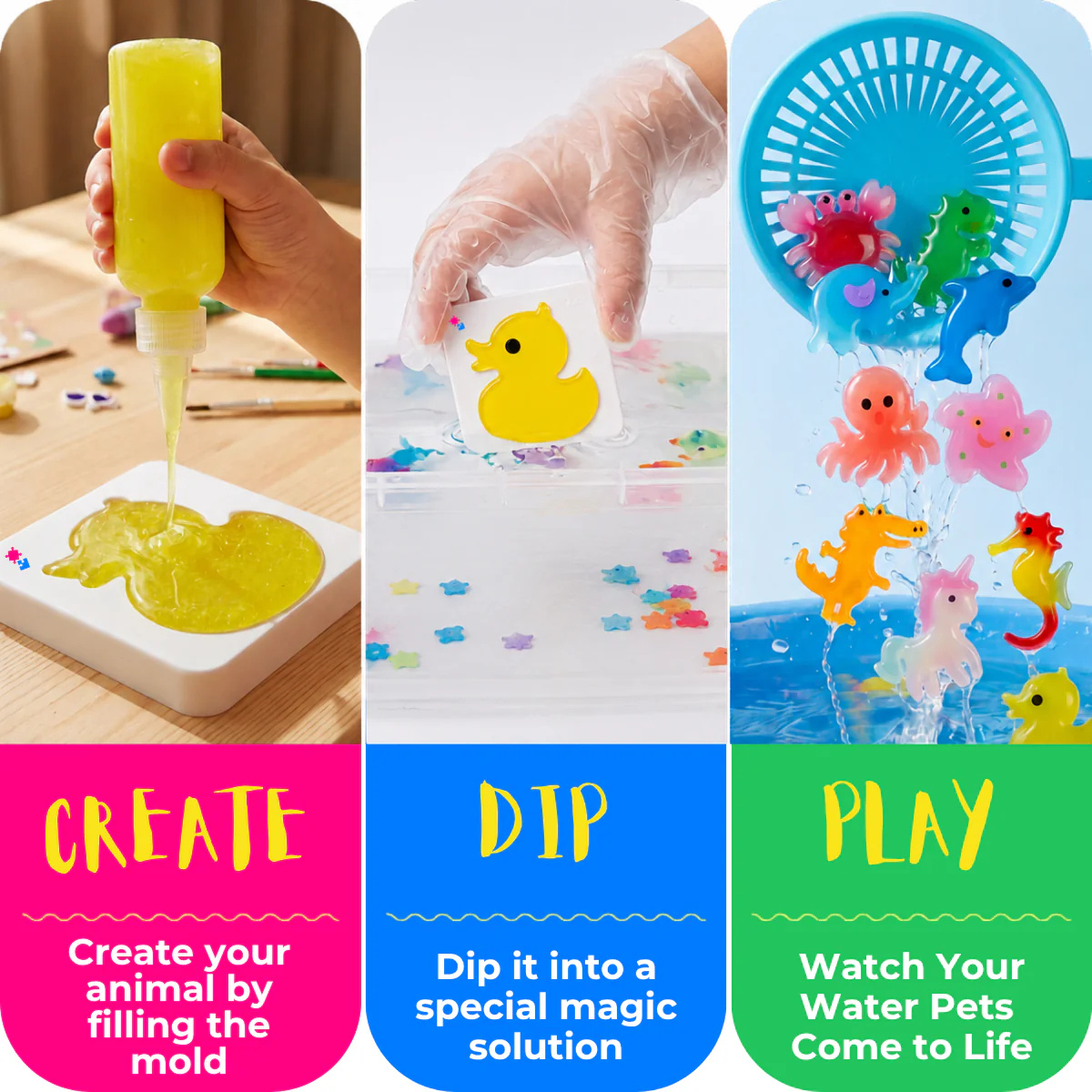 Magic Water Squishy Refill Pack – Náplň 4 farby + 1 kúzelný prášok (Kompatibilné so všetkými sadami, 3+ roky)