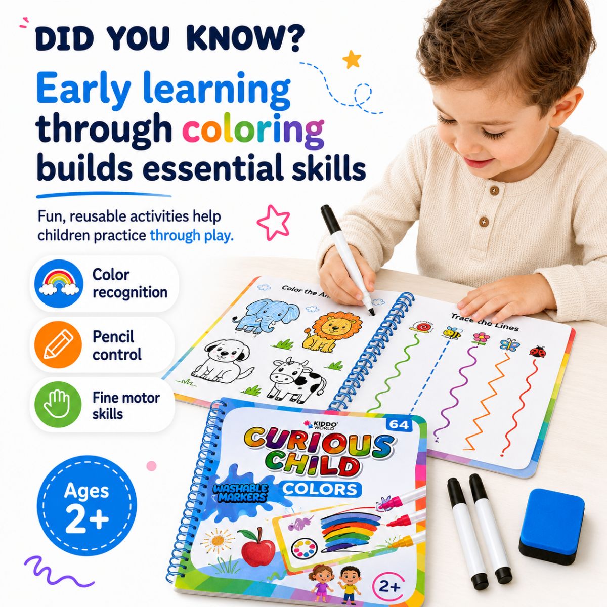 Curious Child Colors | Zošit píš-vymaž na učenie sa písania (64 strán, 2+ roky)