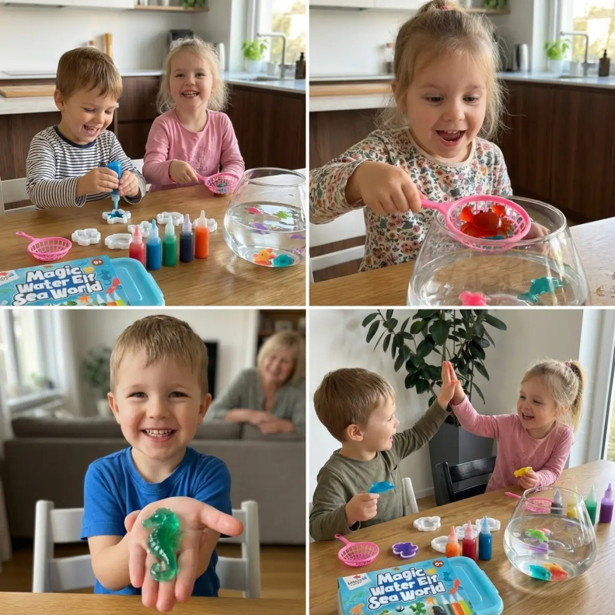 Magic Water Squishy Refill Pack – Náplň 4 farby + 1 kúzelný prášok (Kompatibilné so všetkými sadami, 3+ roky)