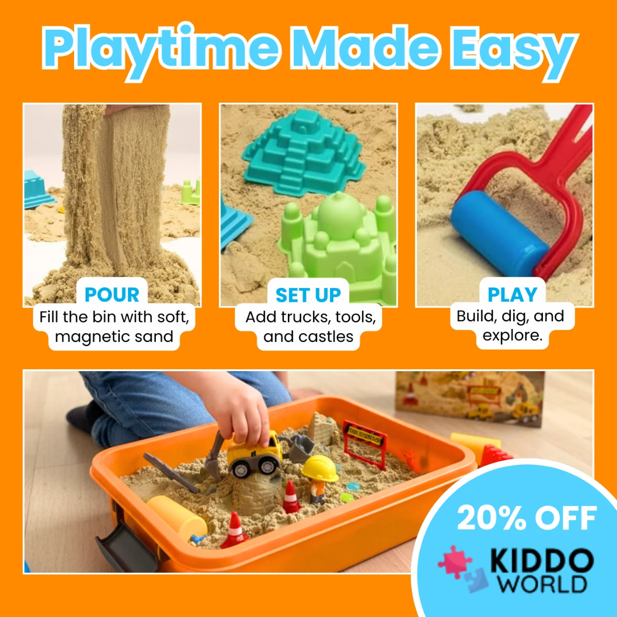 Senzorická herná sada s magnetickým pieskom a svietiacimi kamienkami | Stavenisko | pre deti 3+