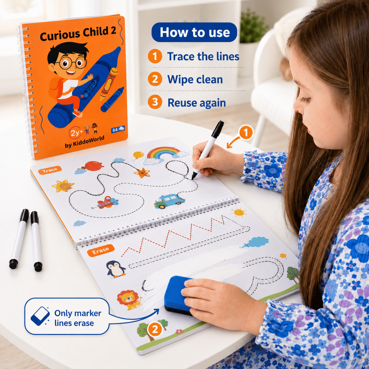 Curious Child 2 | Zošit piš-zmaž na nácvik písania (64 strán, 2+ roky)