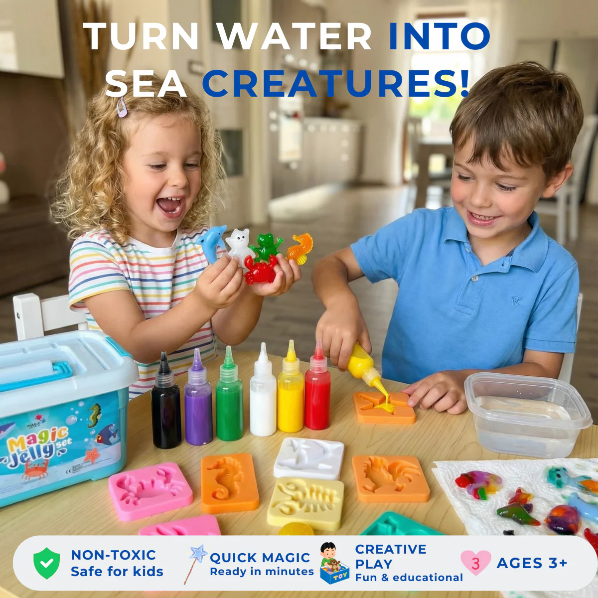 Magic Water Squishy Refill Pack – Náplň 4 farby + 1 kúzelný prášok (Kompatibilné so všetkými sadami, 3+ roky)