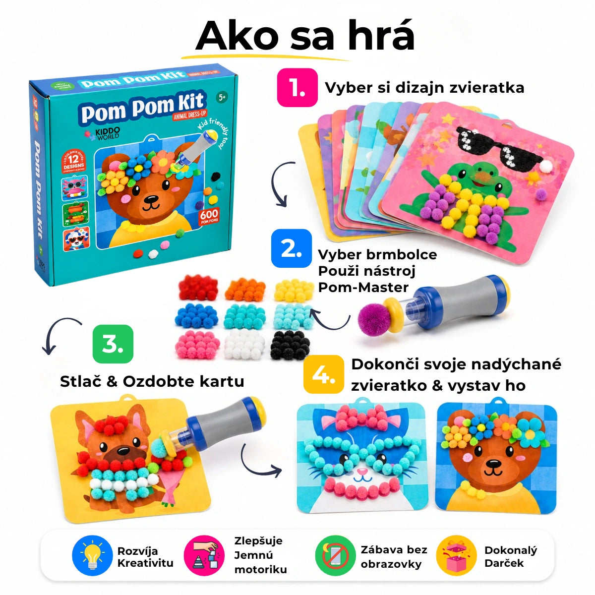 Pom Pom Kit – vytvor si hebké 3D zvieratká z mäkkých bambuliek bez neporiadku! (5+ rokov)