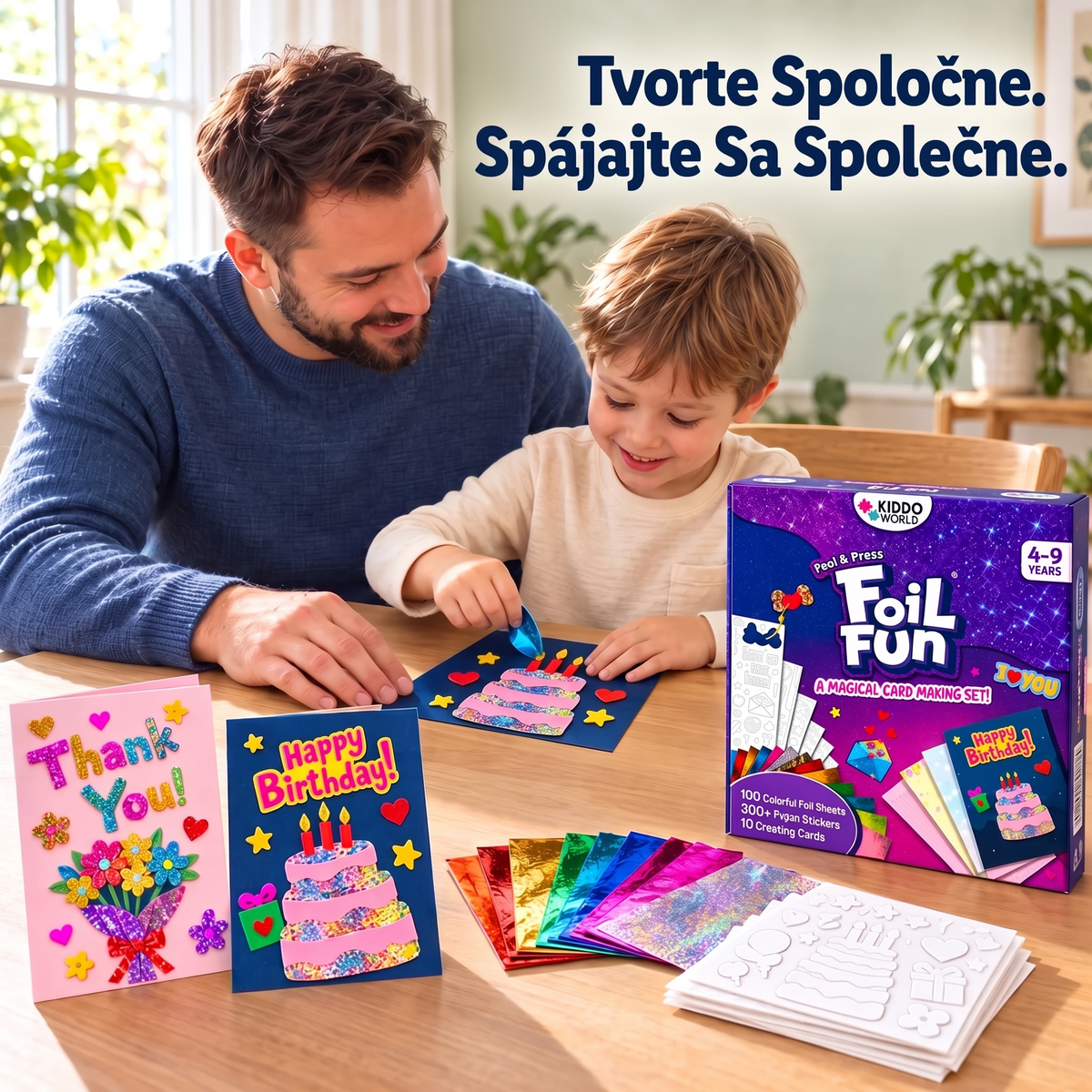 Otec so synom spoločne tvoria trblietavú narodeninovú pohľadnicu
