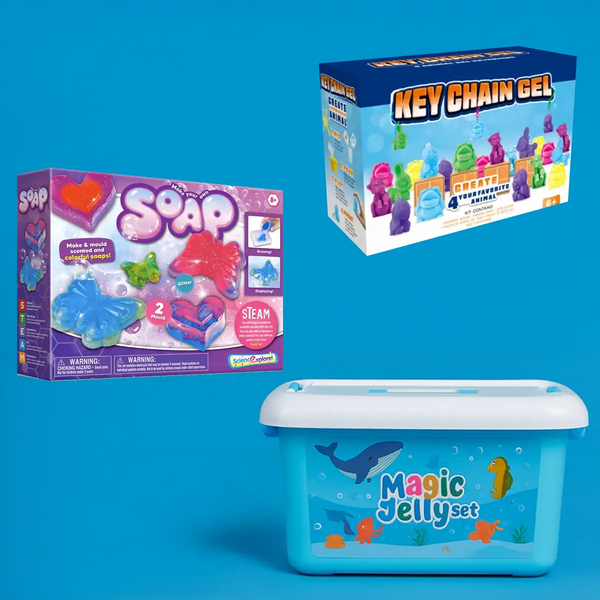 Balíček Kreatívni prieskumníci (3D čarovné želé + Sada na výrobu mydla + Squishy kreatívna sada)