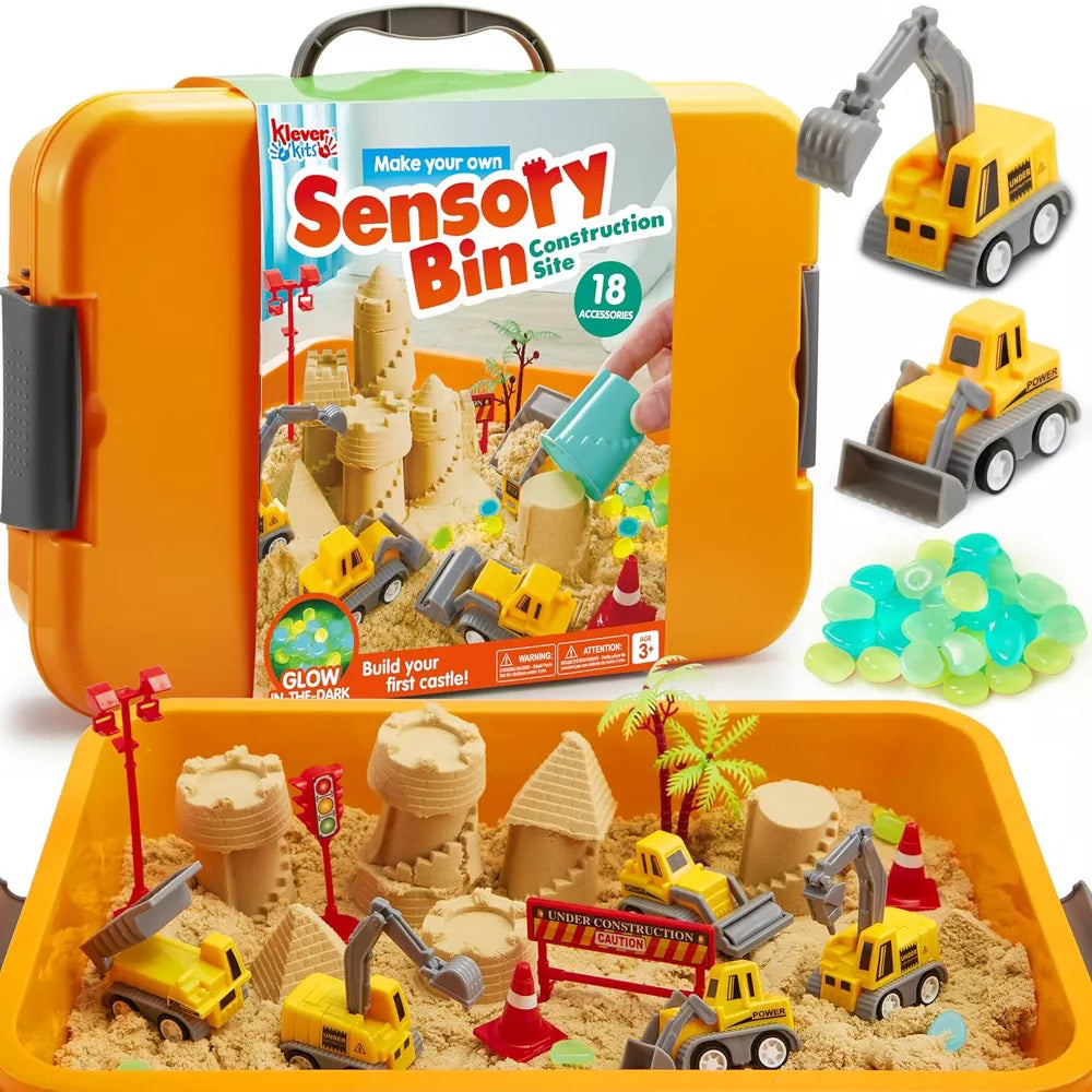 Senzorický box: Stavenisko – sada s kinetickým pieskom, svietiacimi kamienkami a stavebnými vozidlami (3+ roky)