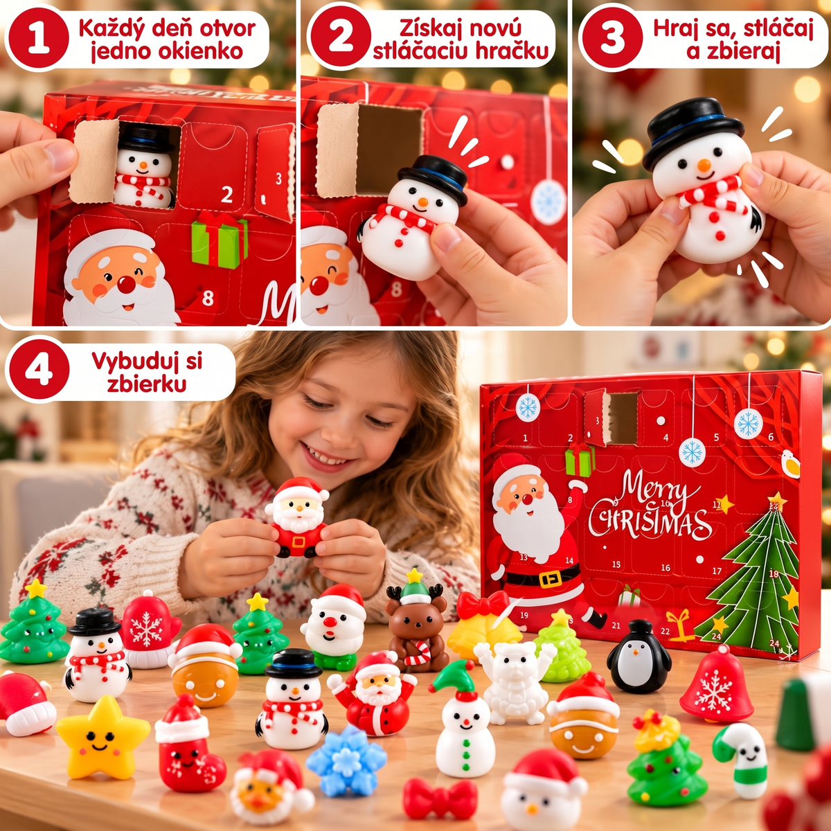 Vianočný Squishy adventný kalendár – 24 tajomných Squishy hračiek (3+ roky)
