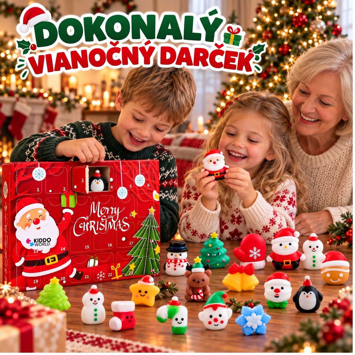 Súrodenci s babkou pri vianočnom stromčeku otvárajú Squishy adventný kalendár