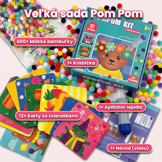 Sada na pompony s aplikátorom | 12 kartičiek so zvieratkami + 600 pomponov