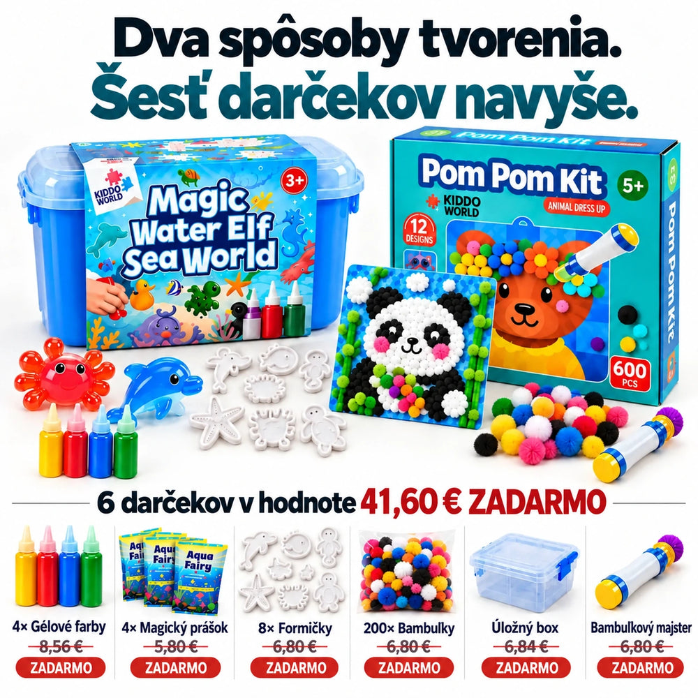 Veľký kreatívny balíček | 2 súpravy + 6 darčekov ZADARMO – Pom Pom Kit a Magic Water Squishies